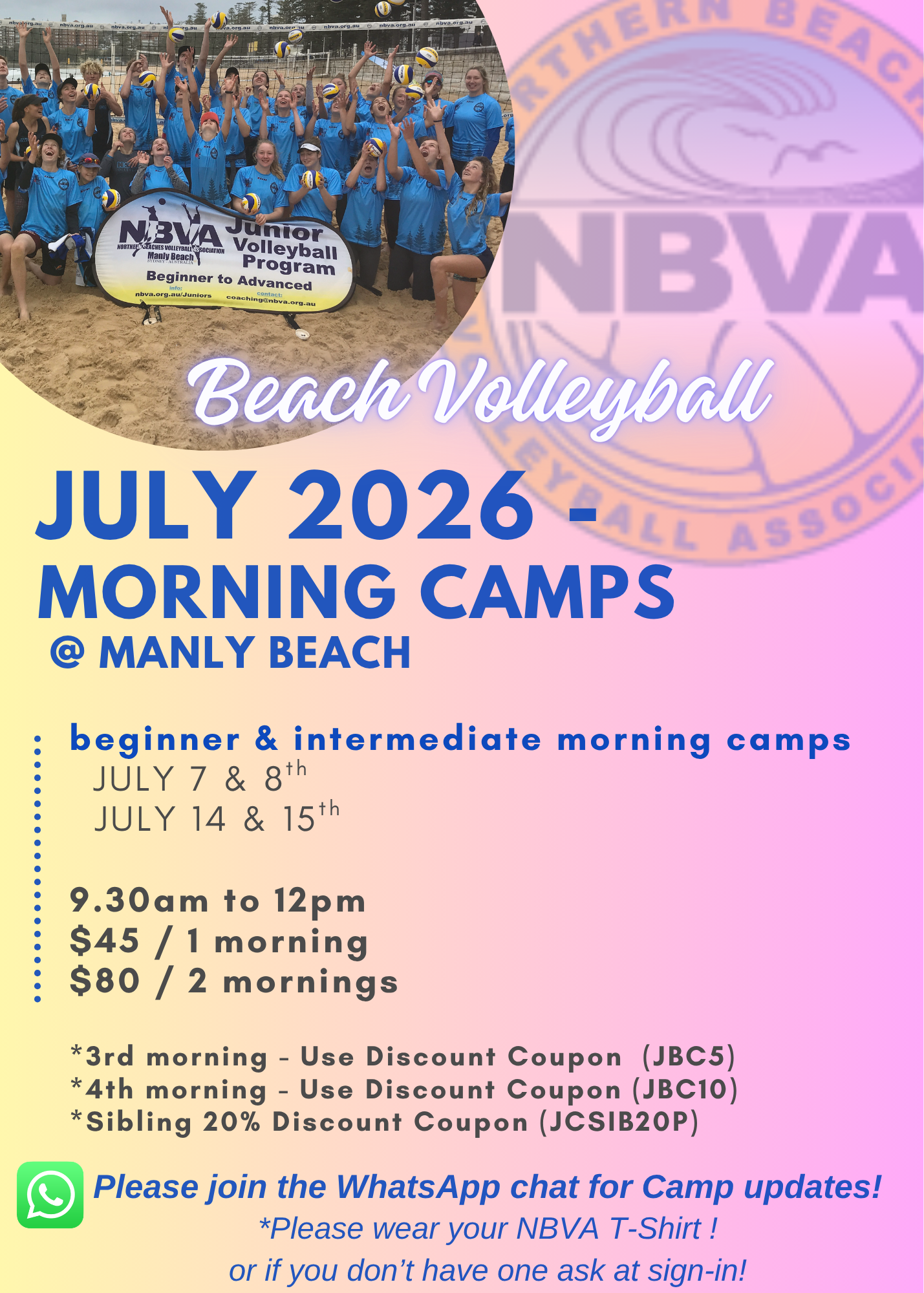 NBVA Junior Beach Morning Camps – July 8 & 9, July 14 &15th